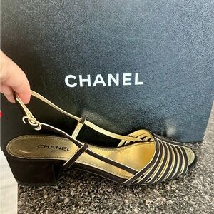 Chanel 2021 Black and Gold slingback Sandal Heels